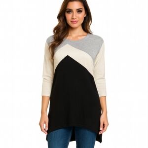 Cashmere Crewneck Tunic Top - Black, Cream & Gray